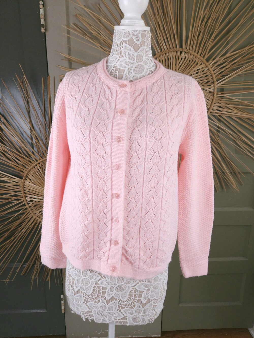 Carraige Court Vintage 70s Pink Pointelle Button Up Cardigan Sweater M